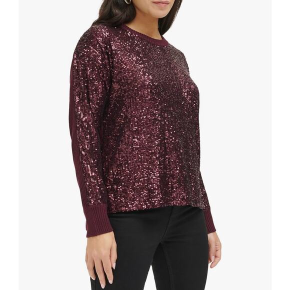 Calvin Klein Sequin Front Crew Neck Long Sleeve Sweater in Port Size Medium - Picture 2 of 9